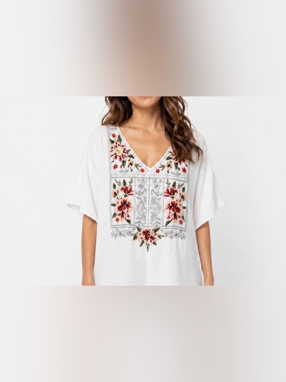 Johnny Was White with Multicolor Embroidered Floral V-Neck Tunic - Size XL